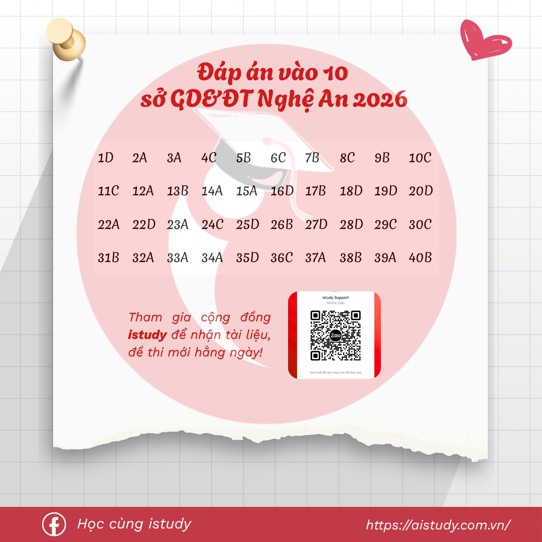 Đáp án — Đề thi vào 10 Nghệ An 2026 — Môn Tiếng Anh