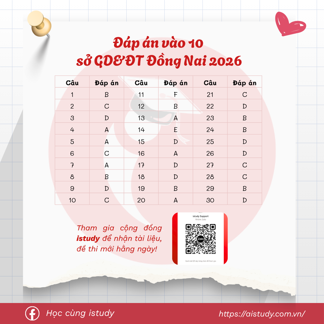 Đáp án — Đề thi vào 10 tỉnh Đồng Nai - môn tiếng Anh
