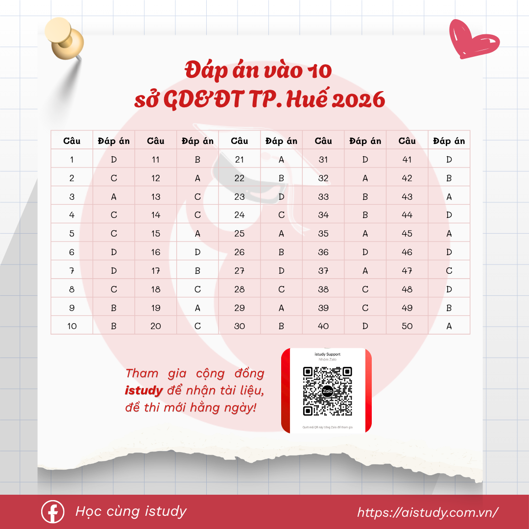 Đáp án — Đề thi vào 10 TP. Huế - môn tiếng Anh