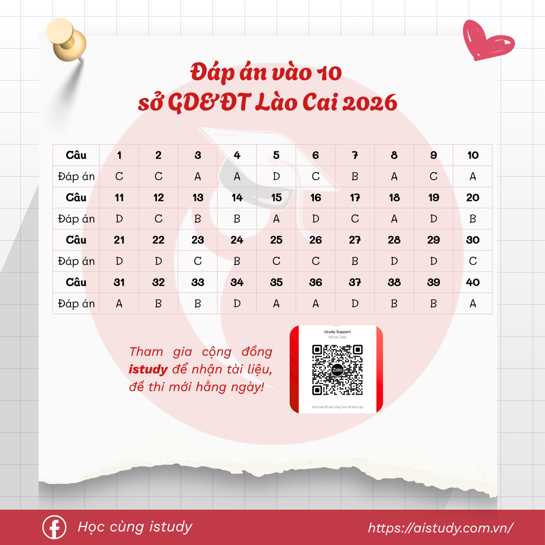 Đáp án — Đề thi vào 10 tỉnh Lào Cai - môn tiếng Anh
