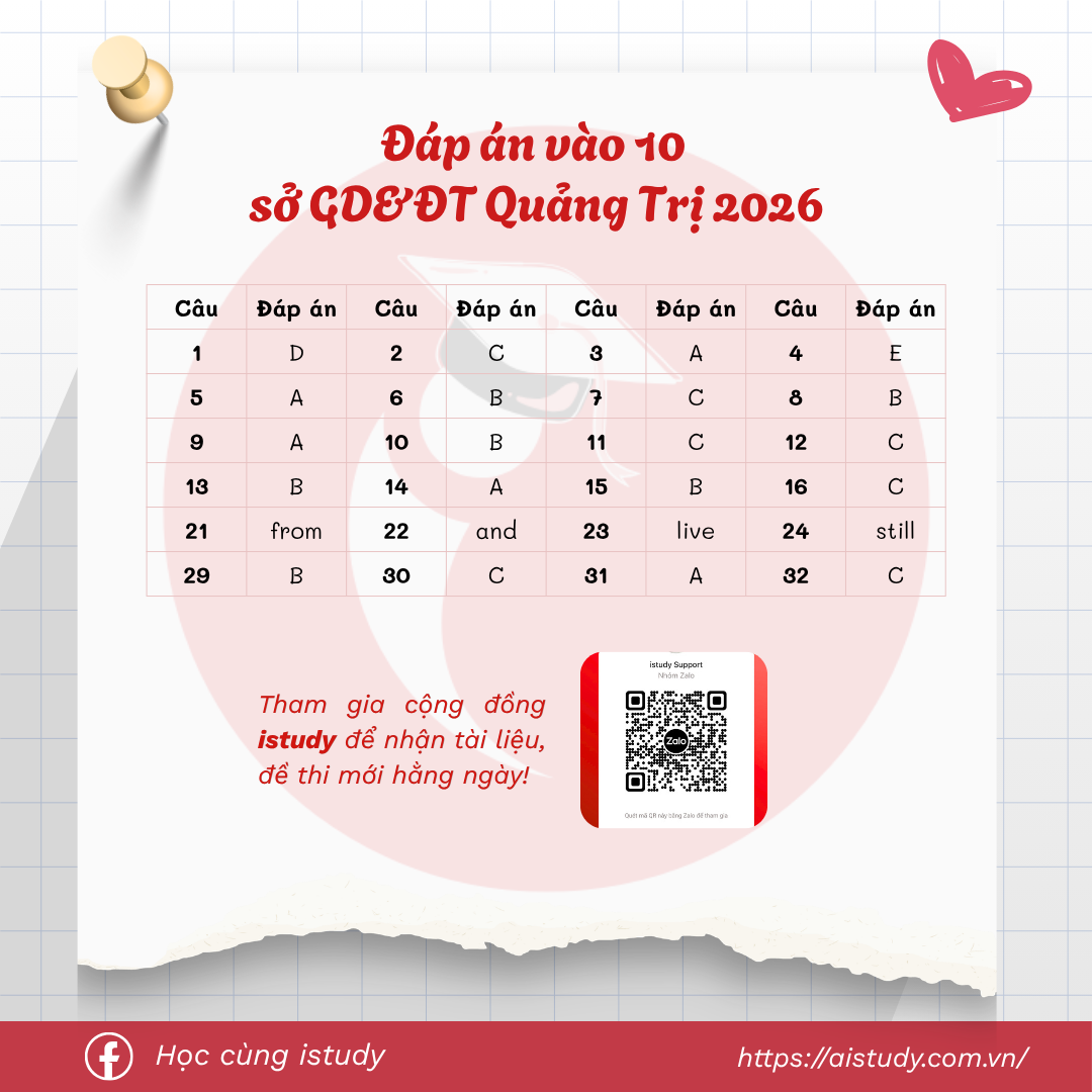 Đáp án — Đề thi vào 10 tỉnh Quảng Trị - môn tiếng Anh